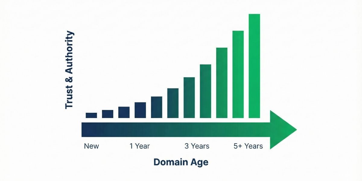 Domain Yaşı ve SEO İlişkisi Zaman çizelgesi üzerinde artan domain otoritesini gösteren yükseliş grafiği.