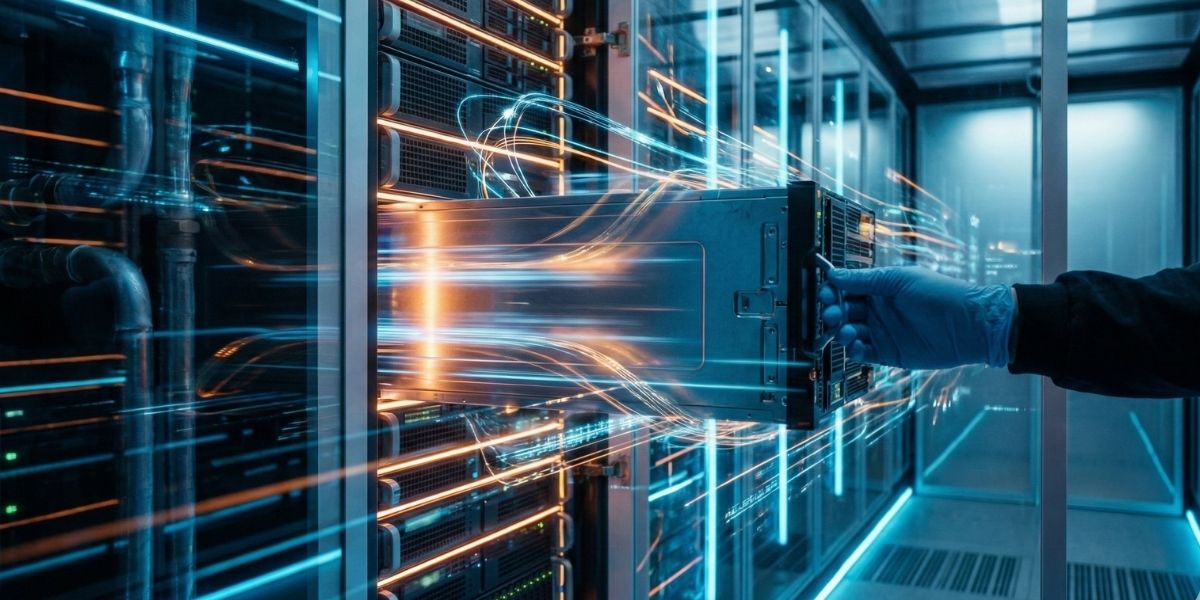 Premium VDS Donanım Mimarisi NVMe SSD diskler ve yüksek performanslı işlemcilerle donatılmış modern veri merkezi sunucu odası.
