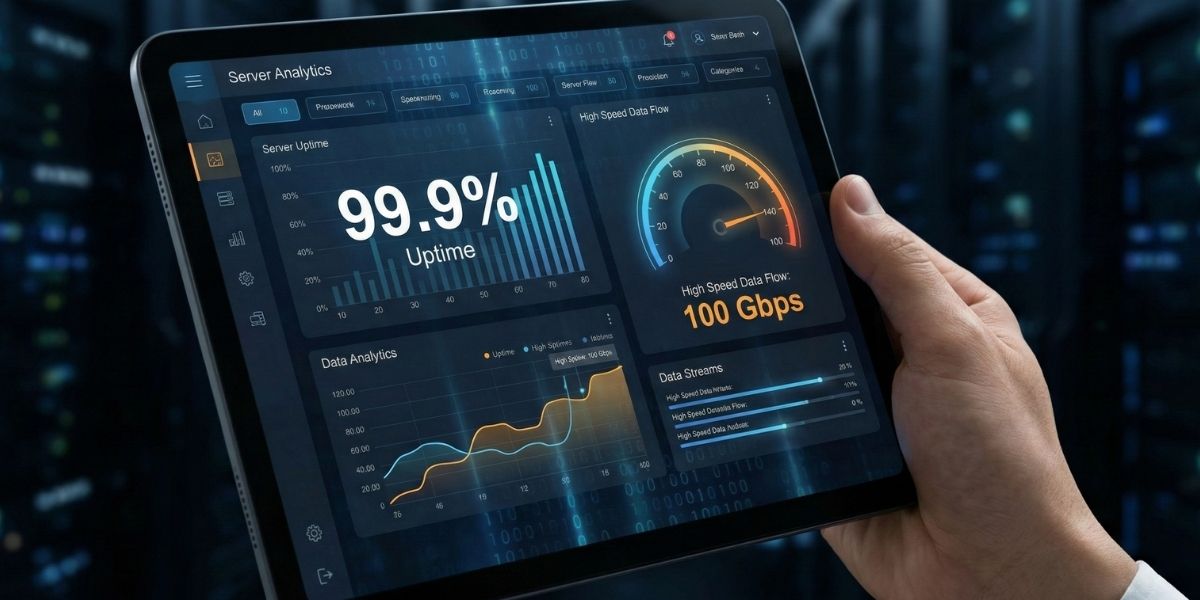 VDS Performans Grafikleri ve Yönetim Paneli Dijital bir ekranda sunucu uptime oranlarını, CPU kullanımını ve ağ trafiğini gösteren fütüristik analiz grafiği.